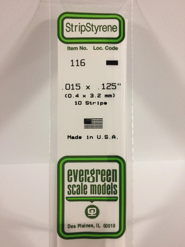Evergreen  #116 - .015" X .125" OPAQUE WHITE POLYSTYRENE STRIP