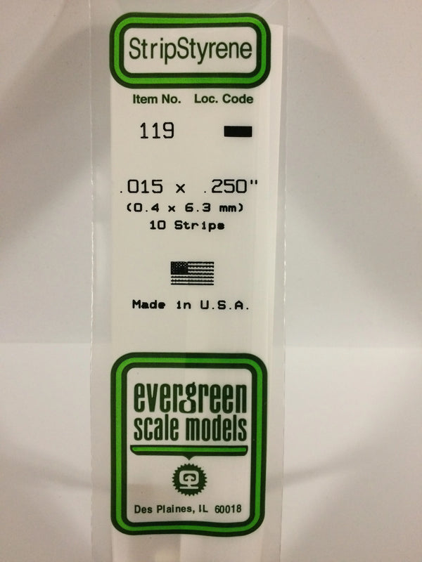 Evergreen  #119 - .015" X .250" OPAQUE WHITE POLYSTYRENE STRIP