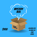 A graphic image of a Scale Riders Mystery Box, priced at $100, containing 2x model kits, 2x wheel sets, paint, and a bonus.