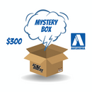 A graphic image of a mystery box labeled 'MYSTERY BOX' with a value of $300, featuring the Aoshima logo, opened to reveal scale model figures inside. The box is marked with the Scale Riders brand.