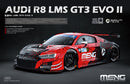 A Meng 1/24 scale model kit of an Audi R8 LMS GT3 EVO II in red and black livery, with decals and sponsor logos.