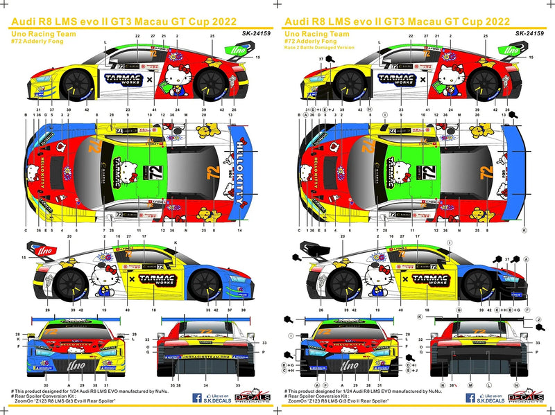 SK Decals SK24159 Audi R8 LMS evo II GT3 Macau GT Cup 2022 Uno Racing Team Hello Kitty